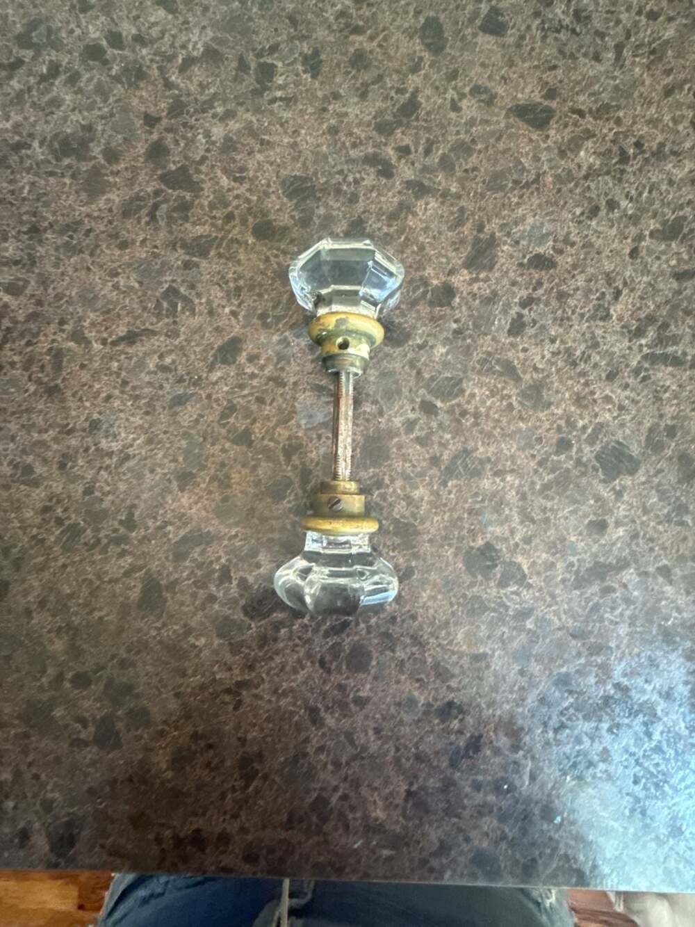 Antique Octagonal Glass Door Knob Pair with Brass Hardware